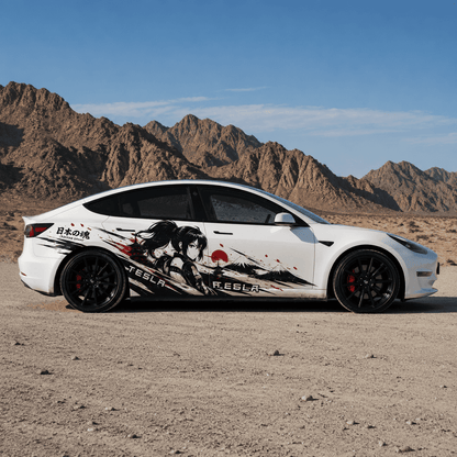 Tesla Model 3 Japan Spirit anime vinyl side decal full view in desert mountain landscape