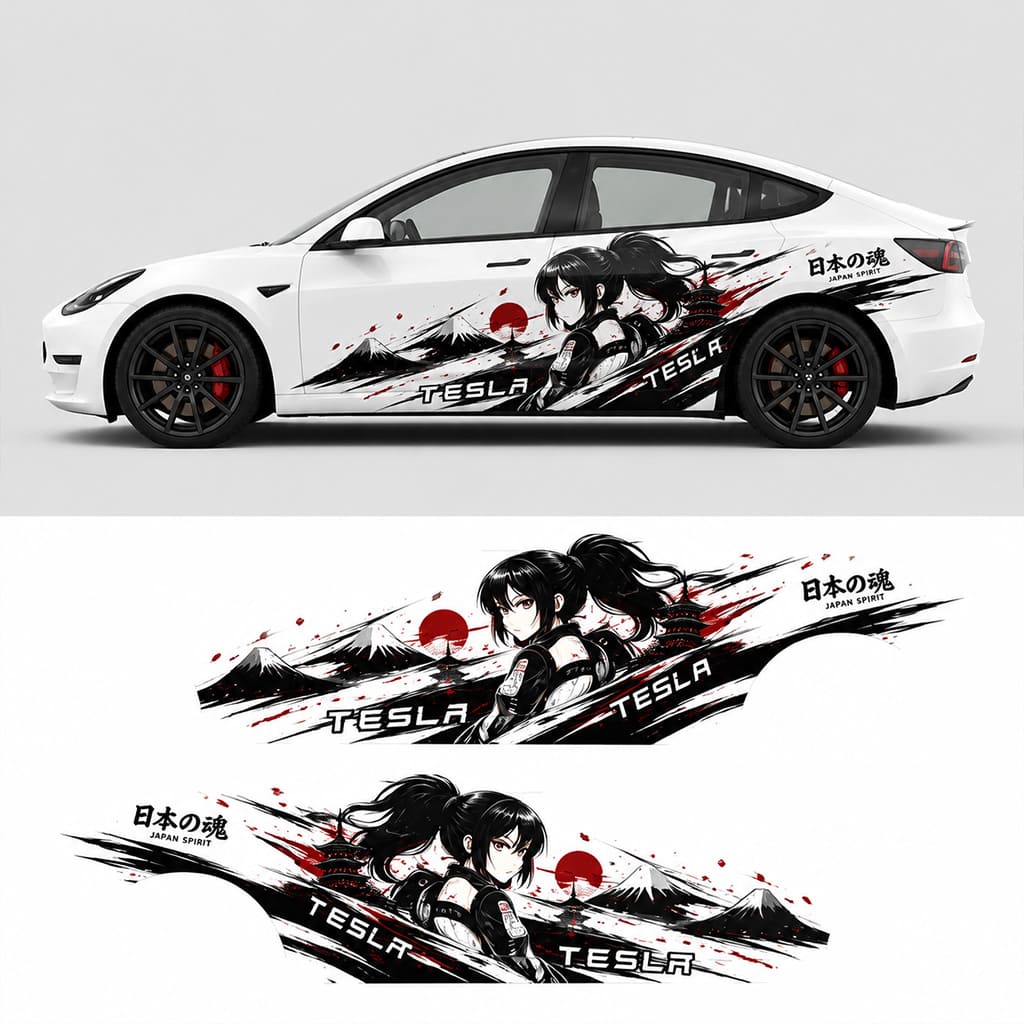 Tesla Model 3 Japan Spirit anime side decal kit design preview showing both sides and full graphic layout
