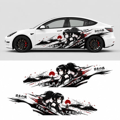 Tesla Model 3 Japan Spirit anime side decal kit design preview showing both sides and full graphic layout