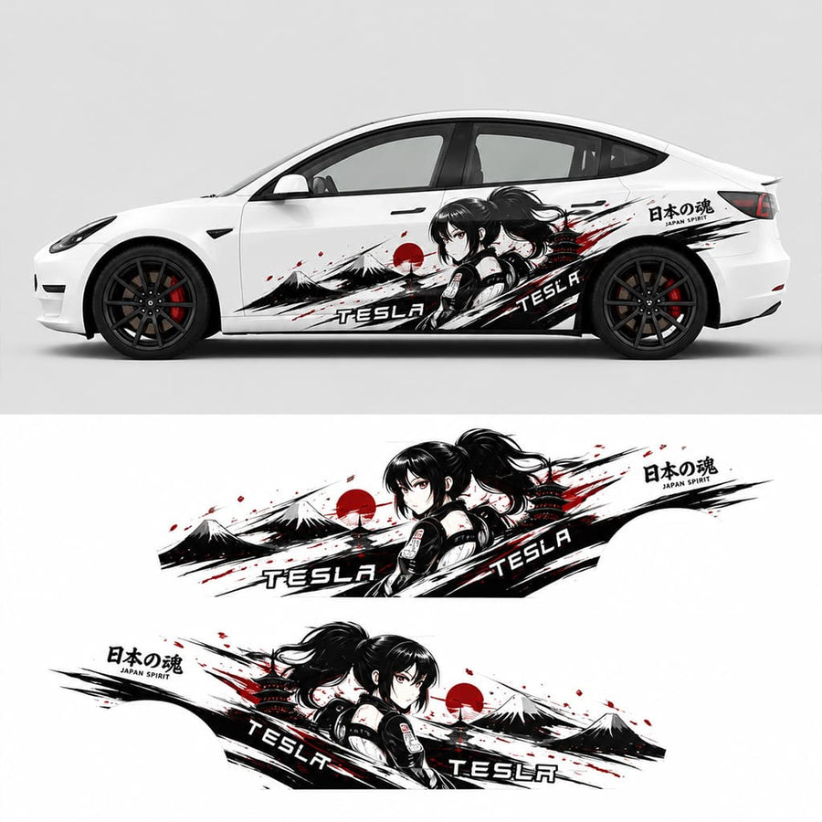 Tesla Model 3 Japan Spirit anime side decal kit design preview showing both sides and full graphic layout