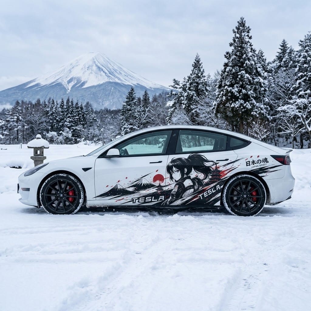 Tesla Model 3 with Japan Spirit samurai anime side decal parked in front of snow-covered Mount Fuji