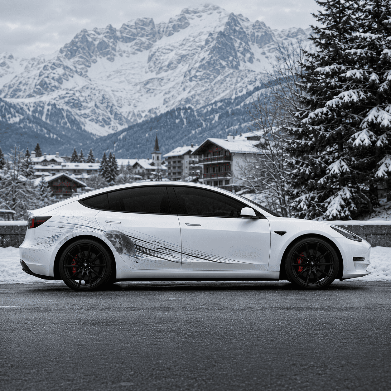 Tesla Model 3 Lunar Impact moon crater side decal full side view in snowy alpine resort with mountain backdrop