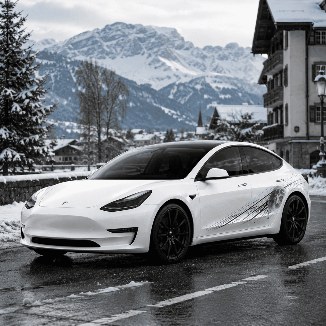 Tesla Model 3 Lunar Impact side decal front three-quarter view in snowy alpine mountain town setting