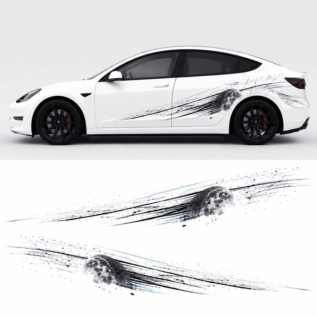 Tesla Model 3 Lunar Impact side decal design preview showing moon crater graphic with black streak lines and blue accents on white car