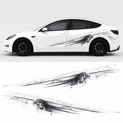 Tesla Model 3 Lunar Impact side decal design preview showing moon crater graphic with black streak lines and blue accents on white car