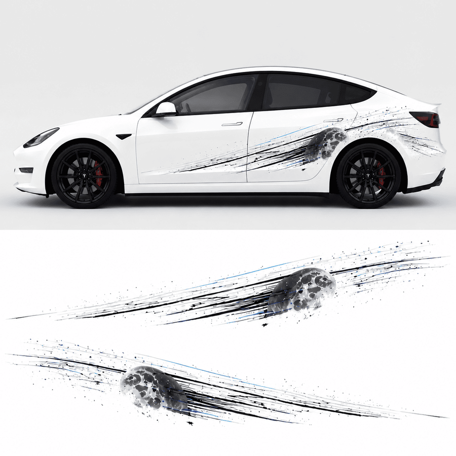 Tesla Model 3 Lunar Impact side decal design preview showing moon crater graphic with black streak lines and blue accents on white car