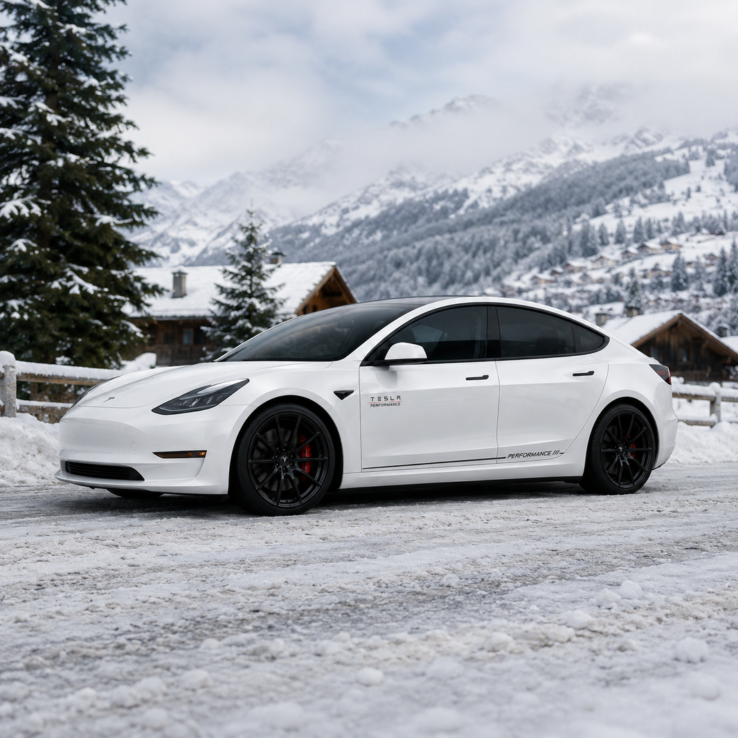 Tesla Model 3 Performance side skirt decal front three-quarter view in snowy alpine chalet setting