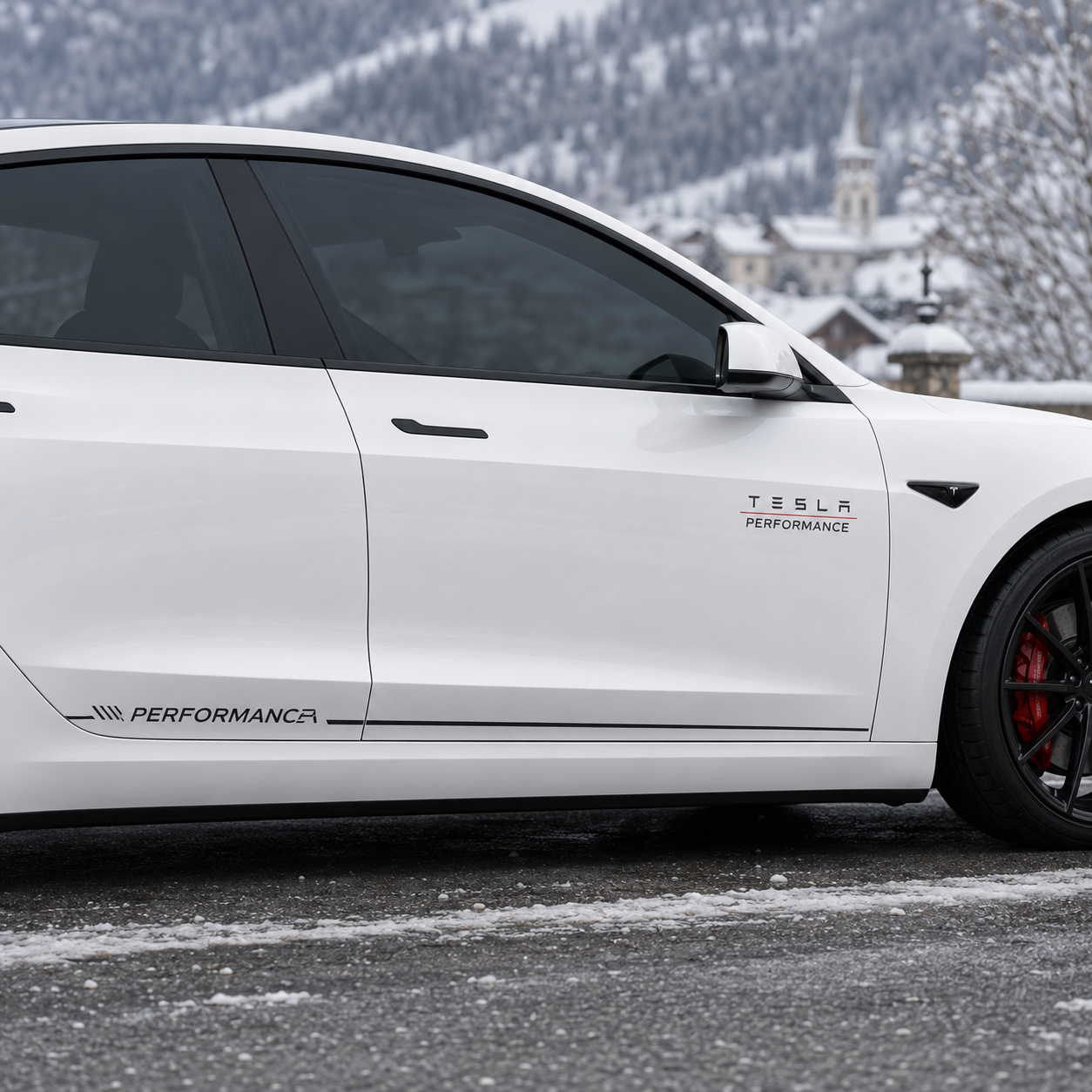 Close-up of Tesla Model 3 Performance side skirt decal showing black racing stripe and PERFORMANCE vinyl lettering in snowy alpine setting