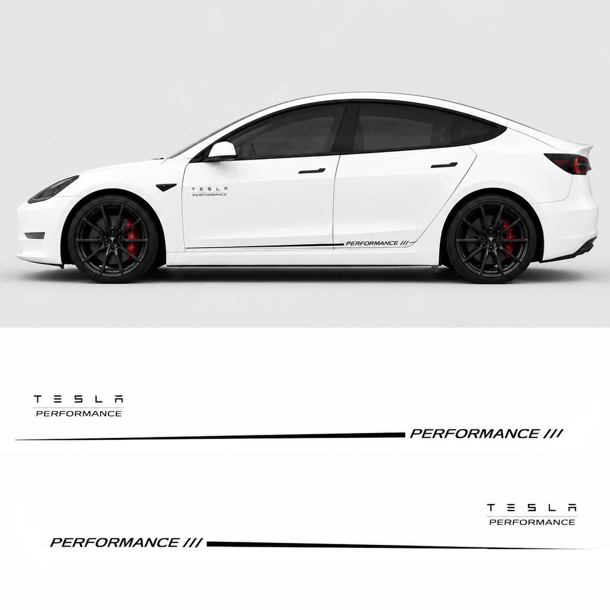 Tesla Model 3 Performance side skirt decal kit design preview showing black racing stripe and PERFORMANCE lettering on white car