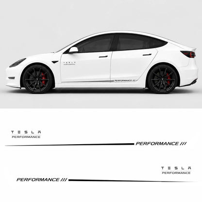 Tesla Model 3 Performance side skirt decal kit design preview showing black racing stripe and PERFORMANCE lettering on white car