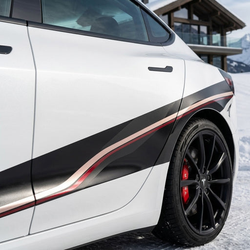 Tesla Model 3 with black racing stripe decal parked at alpine chalet EV charger in winter landscape