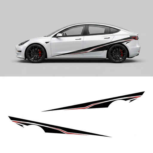 Close-up detail of Tesla Model 3 black vinyl side stripe decal with red pinstripe accent and precision edge cut
