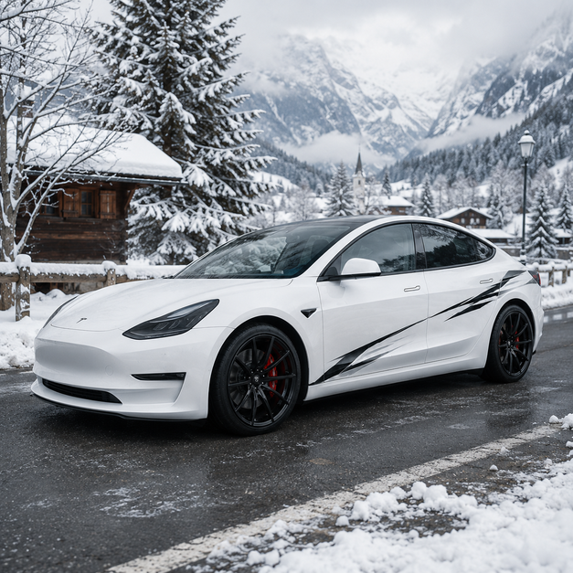 Tesla Model 3 slash strike side decal front three-quarter view in snowy alpine chalet village setting