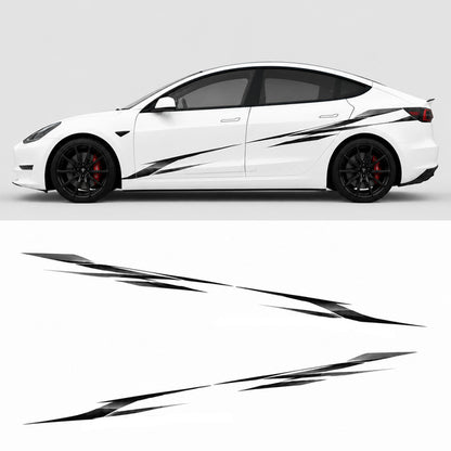 Tesla Model 3 slash strike side decal design preview showing black claw racing graphic on white car with isolated cutout
