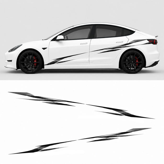 Tesla Model 3 slash strike side decal design preview showing black claw racing graphic on white car with isolated cutout