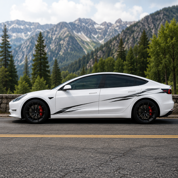 Tesla Model 3 with black slash strike side decal on mountain highway surrounded by pine trees in summer