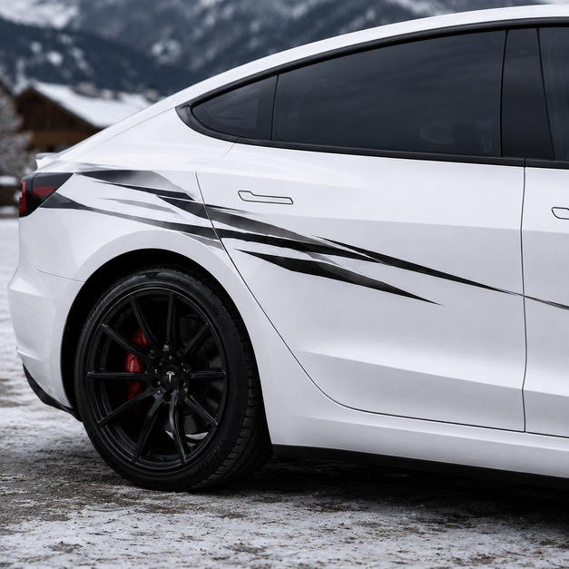 Close-up rear quarter view of Tesla Model 3 slash strike claw decal detail in snowy alpine setting