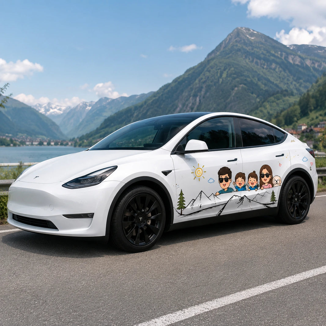 Tesla Model Y cartoon family mountain decal front three-quarter view Italian alpine lake mountain summer background dad mom kids dog wrap
