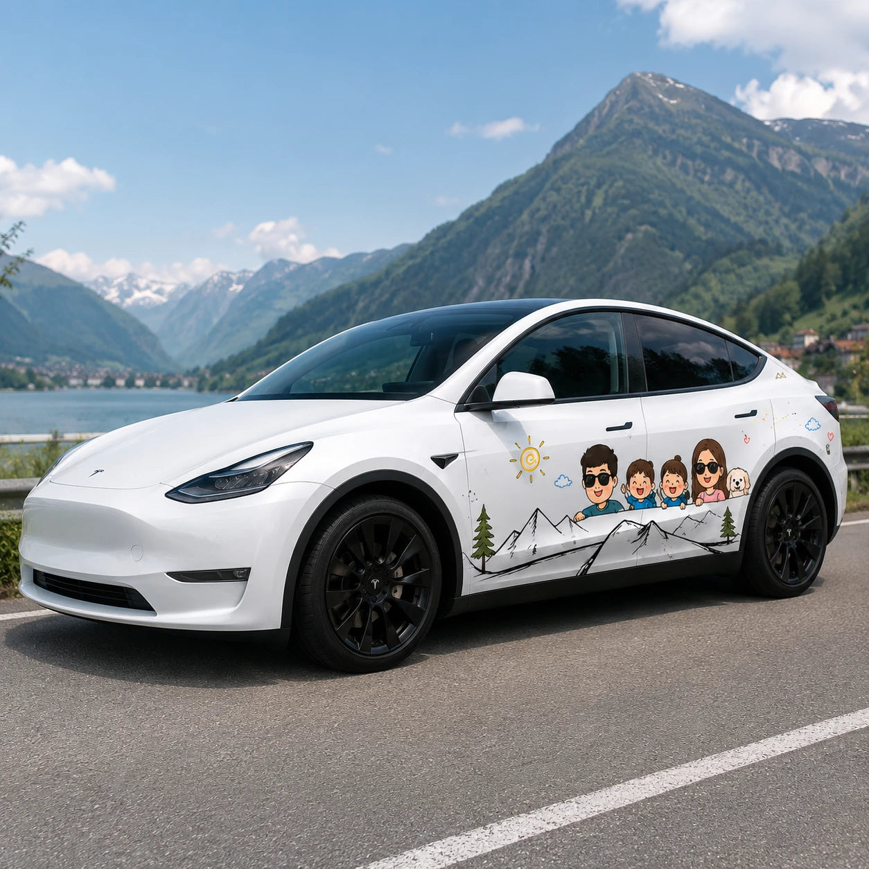 Tesla Model Y cartoon family mountain decal front three-quarter view Italian alpine lake mountain summer background dad mom kids dog wrap