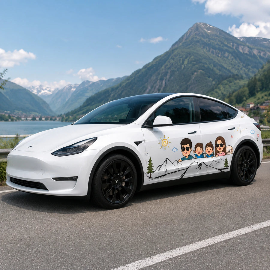 Tesla Model Y cartoon family mountain decal front three-quarter view Italian alpine lake mountain summer background dad mom kids dog wrap