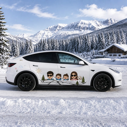 Tesla Model Y cartoon family car decal full side view snowy alpine mountain pine forest chalet winter background cute family portrait sticker