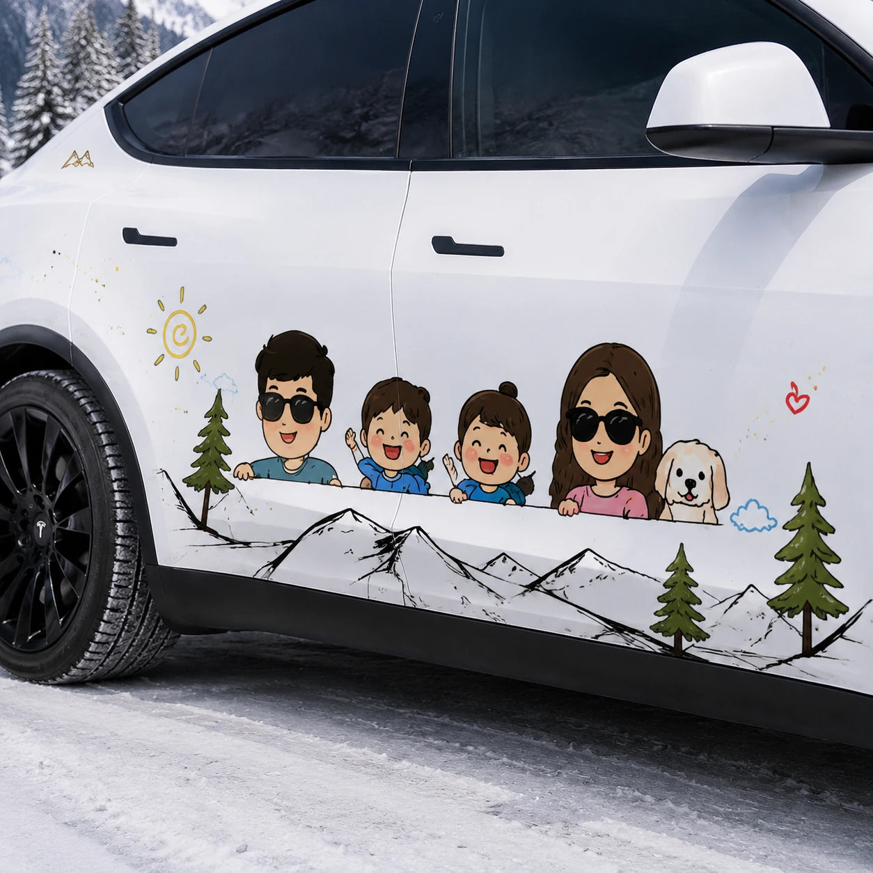 Tesla Model Y cartoon family car decal close-up door panel dad mom two kids dog peeking over snowy mountain pine trees sunshine hearts sticker detail