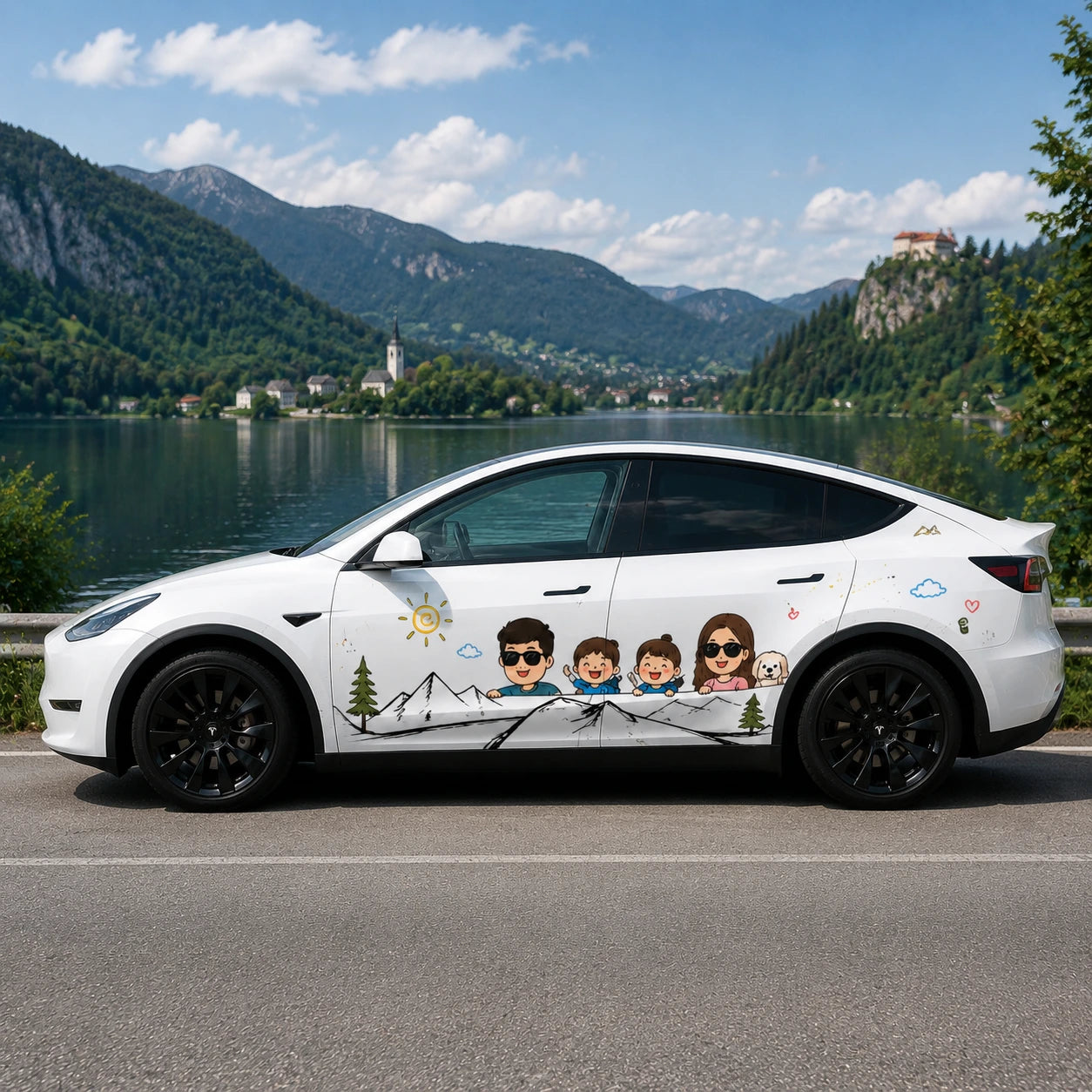 Tesla Model Y cute cartoon family portrait side wrap decal full side view Lake Bled Slovenia mountain summer green background
