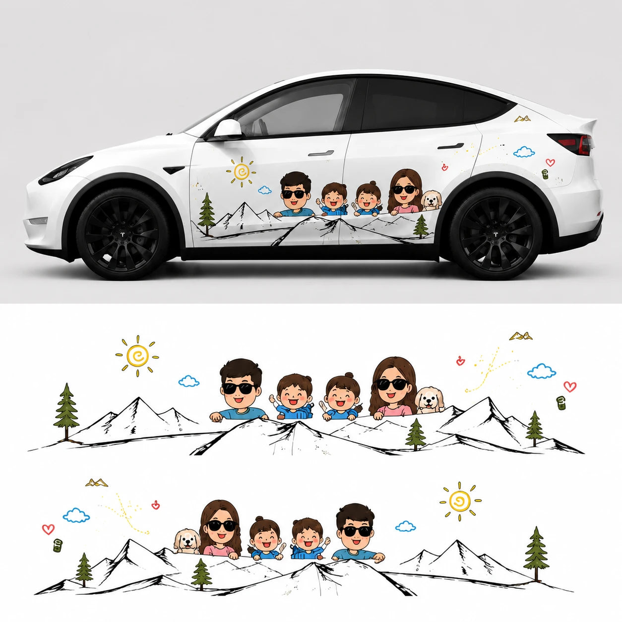 Tesla Model Y cartoon family portrait decal studio side view with flat layout showing left and right door panel stickers dad mom kids dog mountain pine tree scene