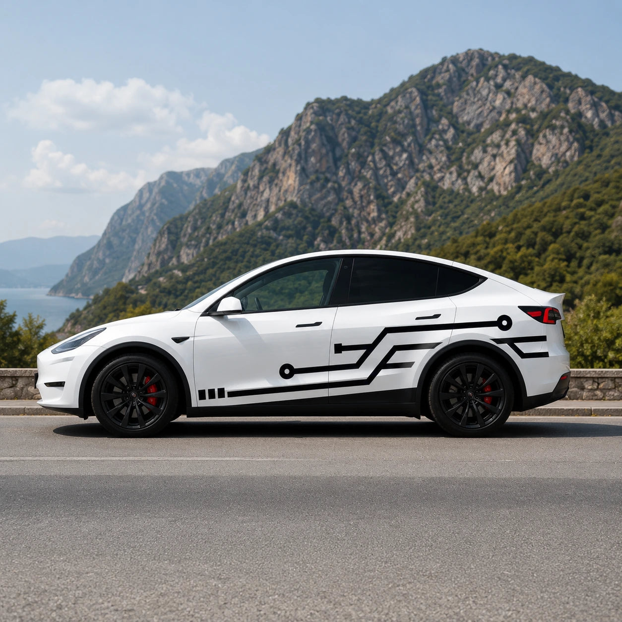 Tesla Model Y circuit board PCB geometric side decal full side view Croatian Adriatic coast rocky mountain summer blue sky background
