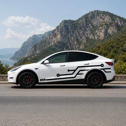 Tesla Model Y circuit board PCB geometric side decal full side view Croatian Adriatic coast rocky mountain summer blue sky background