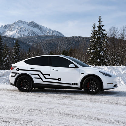 Tesla Model Y circuit board geometric side wrap decal full side view snowy alpine mountain pine forest winter background black tech line sticker