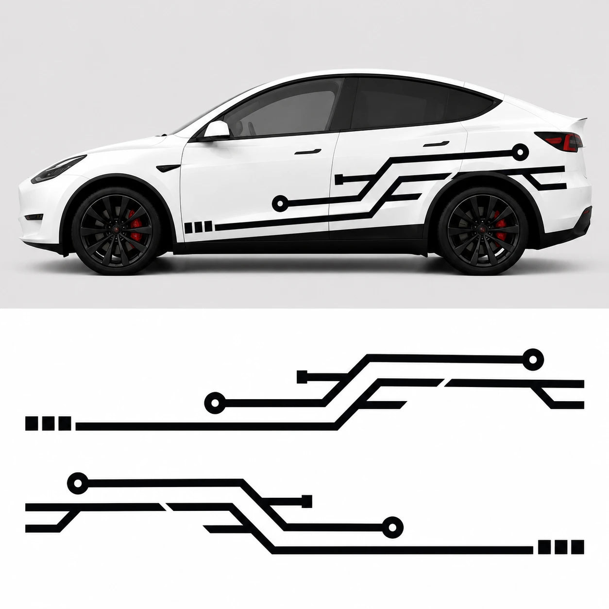 Tesla Model Y circuit board PCB geometric side decal studio view with flat layout showing black tech line node angular trace left and right door panels
