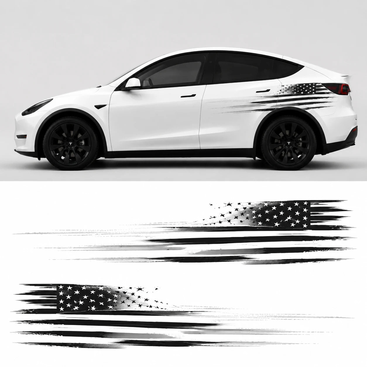 Tesla Model Y distressed American flag decal studio side view with flat layout showing black gray Stars and Stripes brushstroke left and right panels