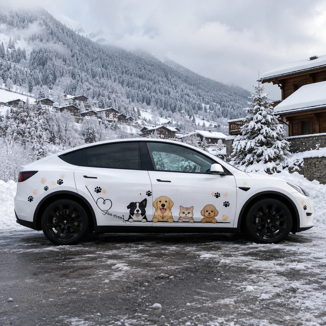 Tesla Model Y cute pets full side car wrap decal Fur-Ever Friends paw print sticker snowy alpine mountain background