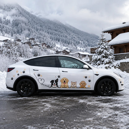 Tesla Model Y cute pets full side car wrap decal Fur-Ever Friends paw print sticker snowy alpine mountain background