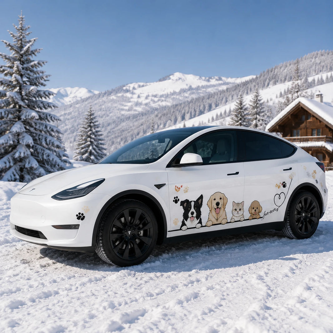 Tesla Model Y cute pets car wrap sticker Fur-Ever Friends front three-quarter view snowy chalet mountain background