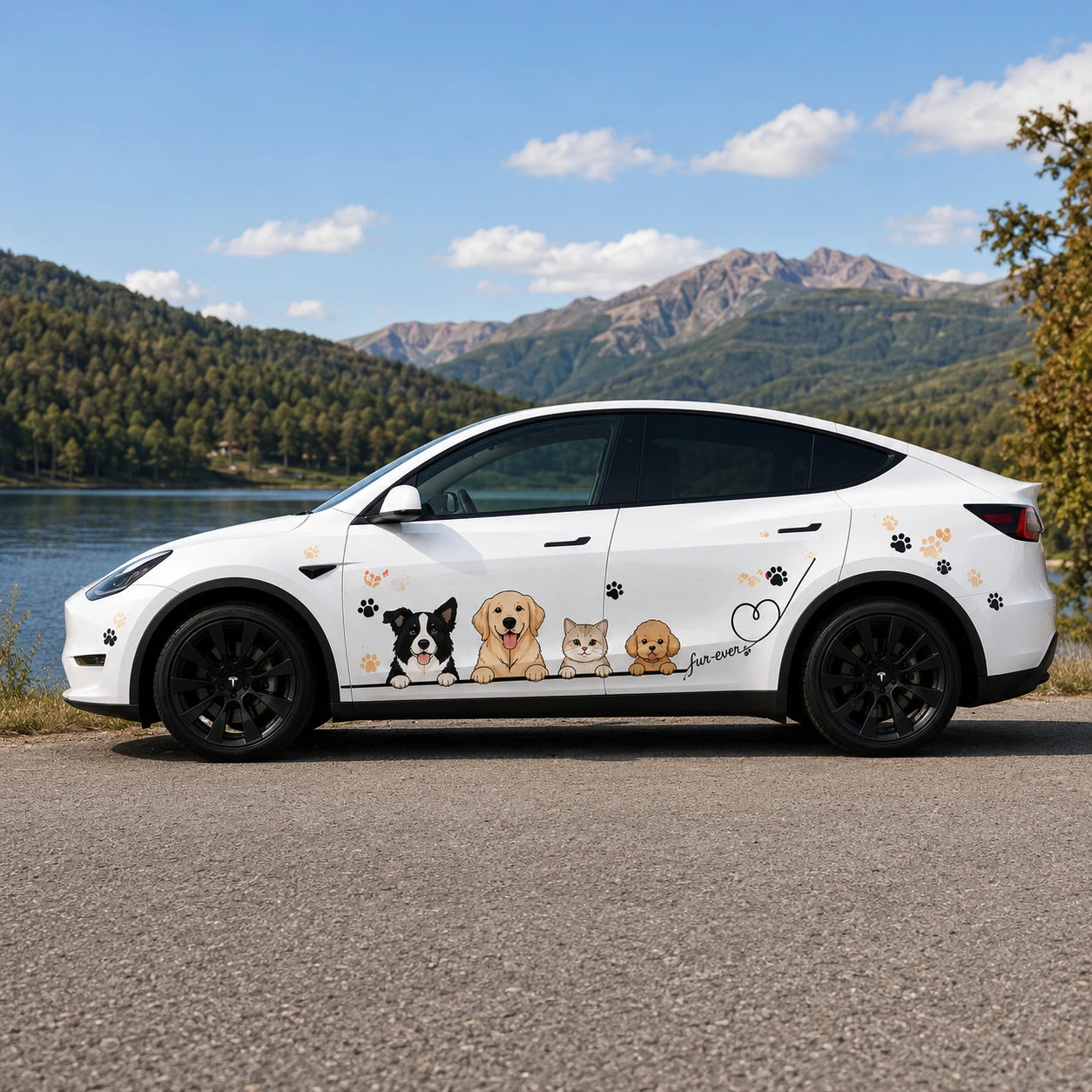 Tesla Model Y Fur-Ever Friends pet car decal wrap with Border Collie Golden Retriever cat Poodle lakeside mountain scenic view