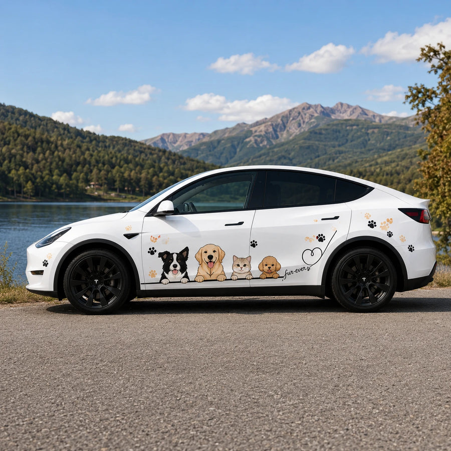 Tesla Model Y Fur-Ever Friends pet car decal wrap with Border Collie Golden Retriever cat Poodle lakeside mountain scenic view