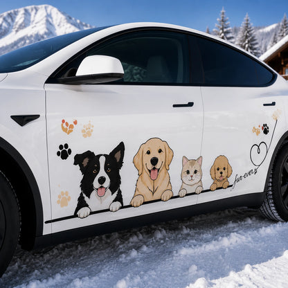 Tesla Model Y Fur-Ever Friends cute pets car decal - Border Collie Golden Retriever cat Poodle door wrap close-up snow mountain