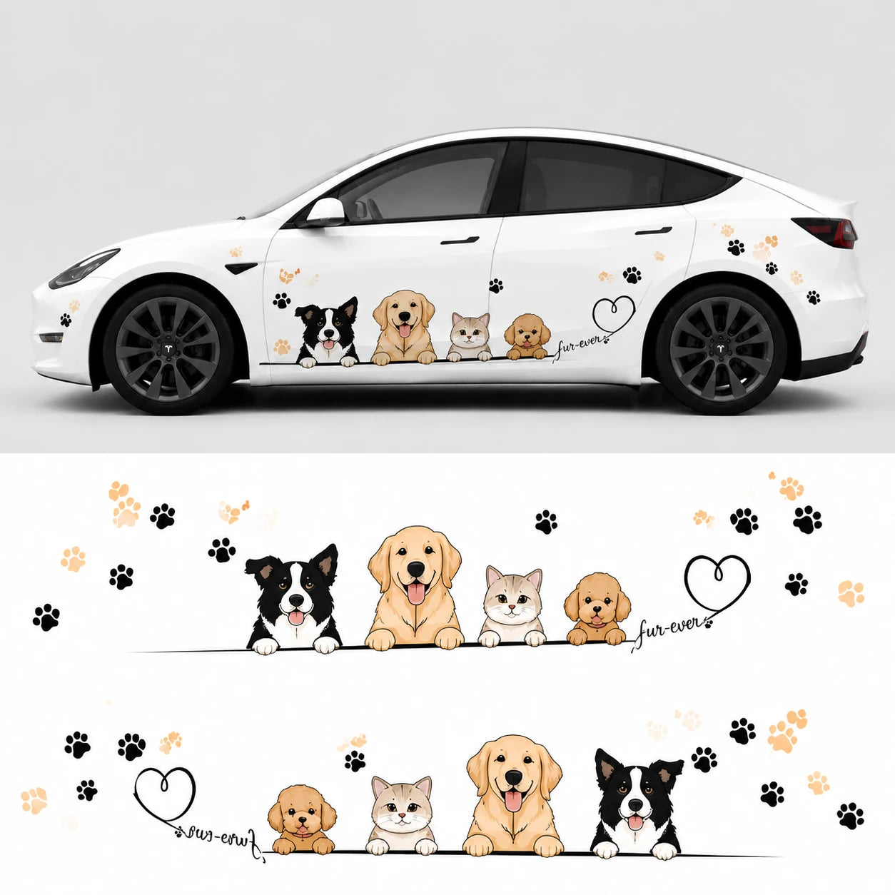 Tesla Model Y Fur-Ever Friends pet car decal studio side view with flat decal layout showing Border Collie Golden Retriever cat and Poodle