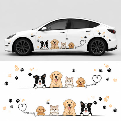 Tesla Model Y Fur-Ever Friends pet car decal studio side view with flat decal layout showing Border Collie Golden Retriever cat and Poodle