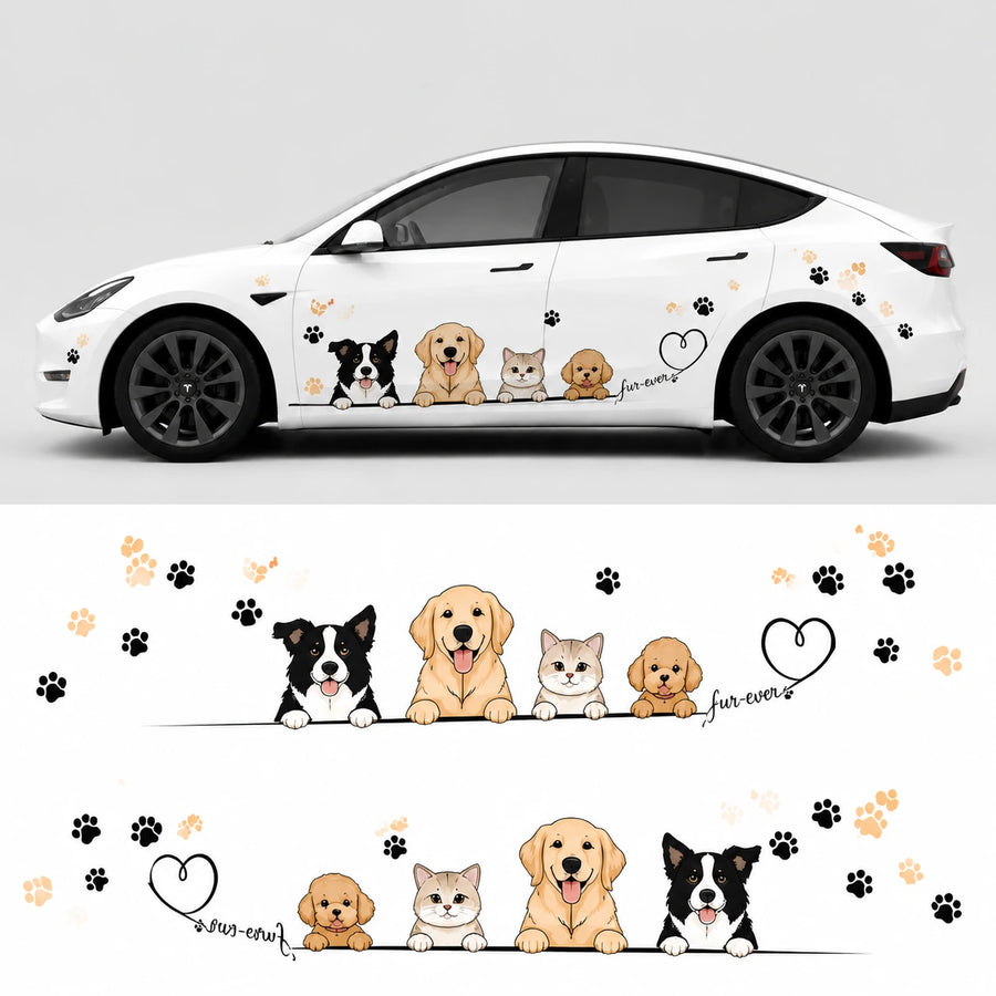 Tesla Model Y Fur-Ever Friends pet car decal studio side view with flat decal layout showing Border Collie Golden Retriever cat and Poodle