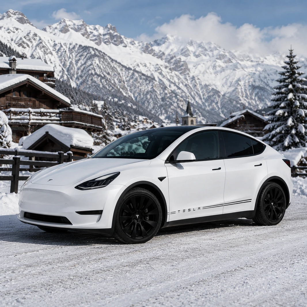 Tesla Model Y TESLA lettering side stripe decal front three-quarter view snowy alpine village mountain winter background