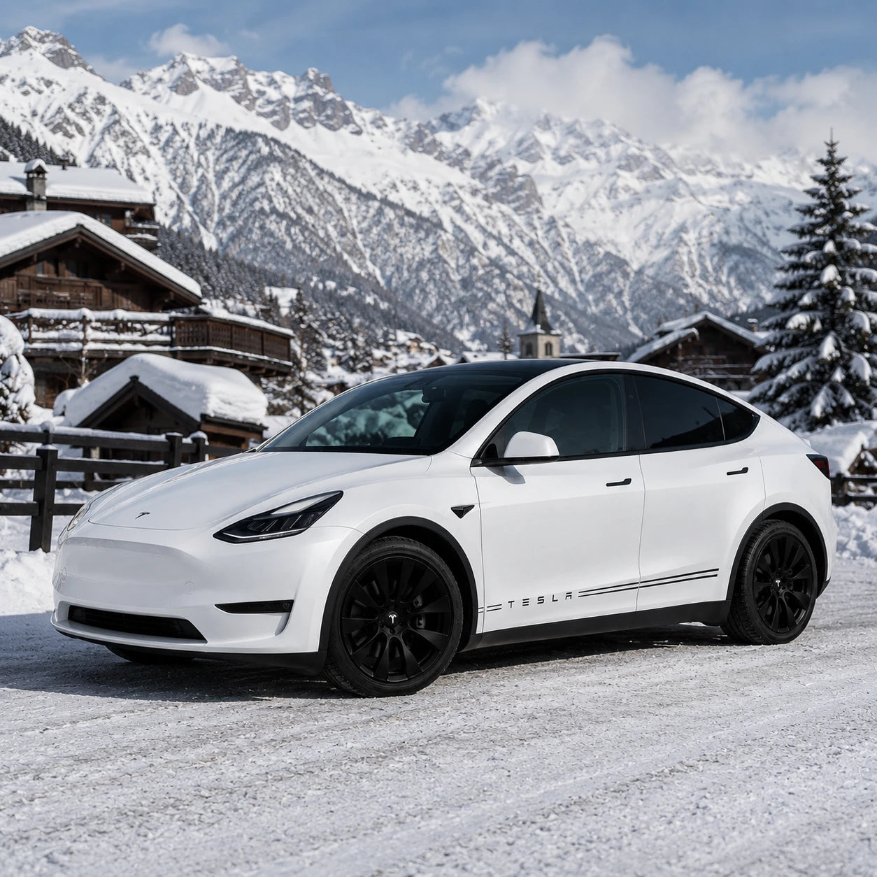 Tesla Model Y TESLA lettering side stripe decal front three-quarter view snowy alpine village mountain winter background