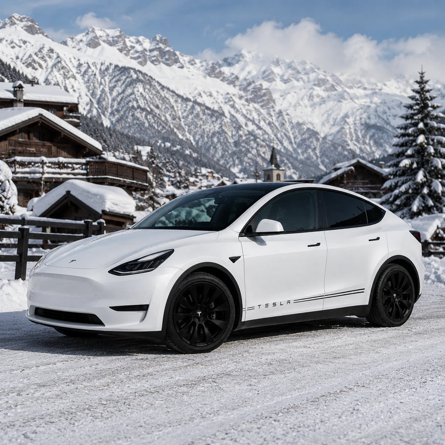Tesla Model Y TESLA lettering side stripe decal front three-quarter view snowy alpine village mountain winter background