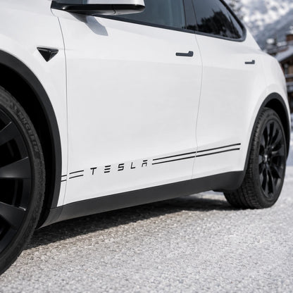 Tesla Model Y minimalist TESLA lettering double pinstripe rocker decal close-up door panel detail black thin line sticker snowy alpine mountain background
