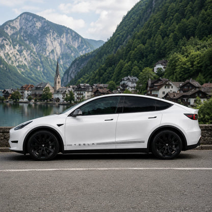 Tesla Model Y TESLA lettering minimalist side stripe rocker decal full side view Hallstatt Austria alpine lake mountain summer background