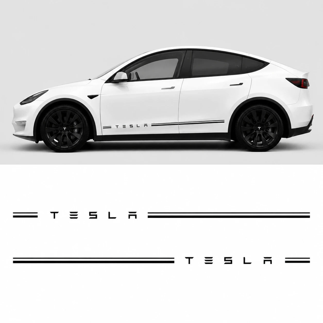 Tesla Model Y minimalist TESLA lettering double pinstripe side stripe decal studio view with flat layout showing left and right rocker panel stickers