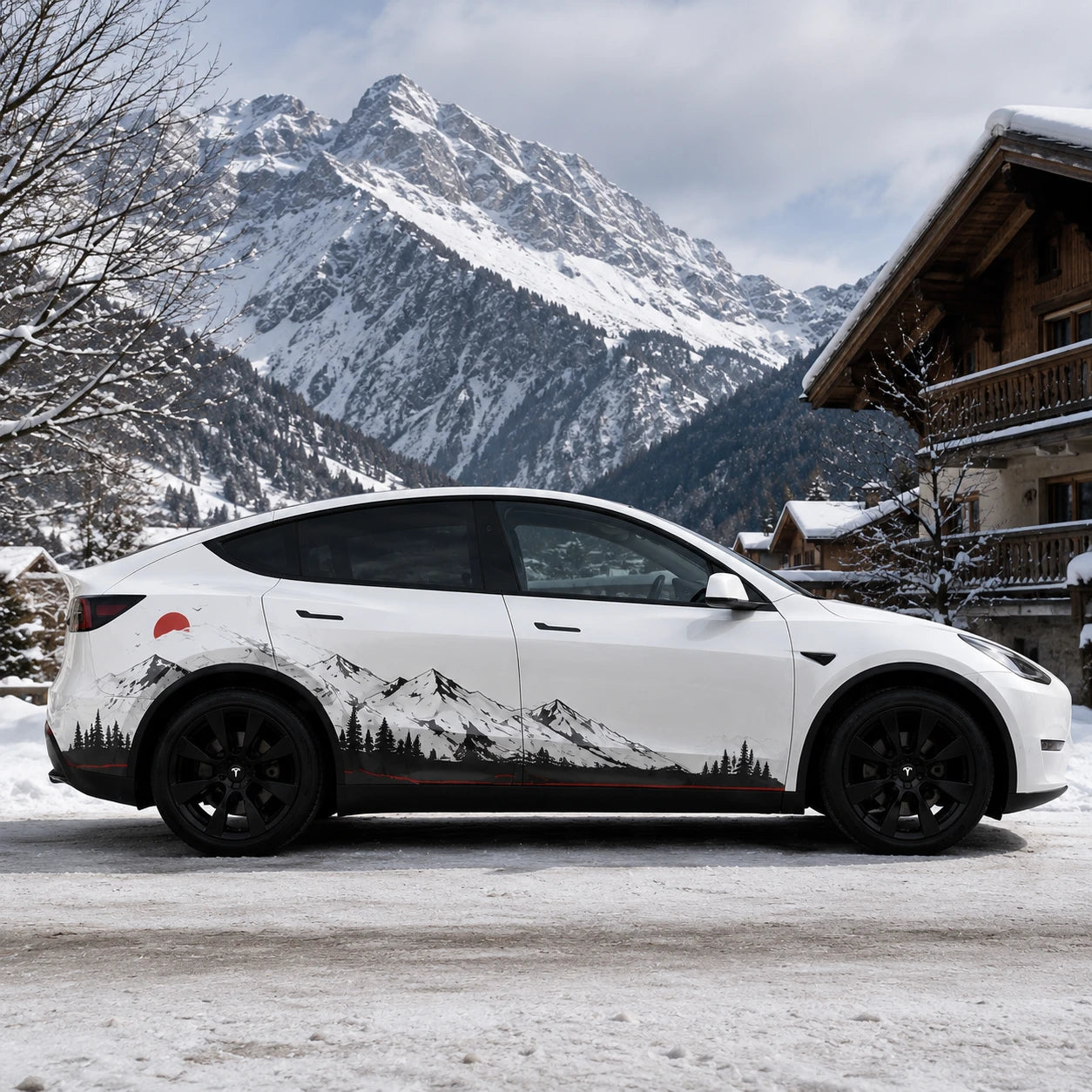 Tesla Model Y black white snow mountain pine tree full side decal complete side view snowy alpine chalet mountain background red sun accent