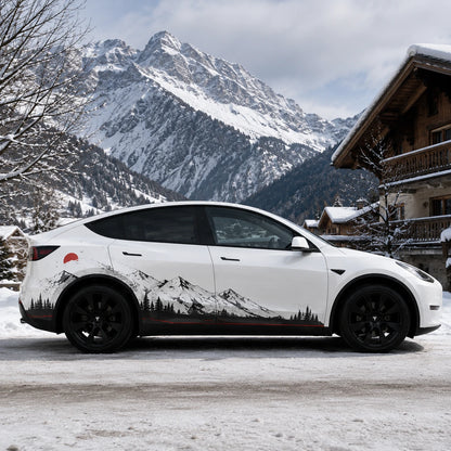 Tesla Model Y black white snow mountain pine tree full side decal complete side view snowy alpine chalet mountain background red sun accent